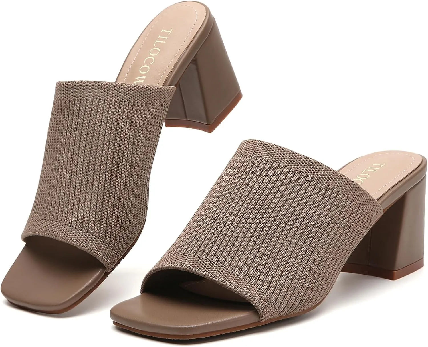 Tilocow Knit Heeled Sandals for Women Square Chunky Low Block Heel Mules Open Toe Slip On Breathable Slides Sandal Black