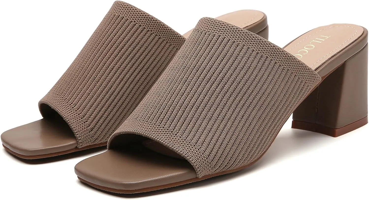 Tilocow Knit Heeled Sandals for Women Square Chunky Low Block Heel Mules Open Toe Slip On Breathable Slides Sandal Black