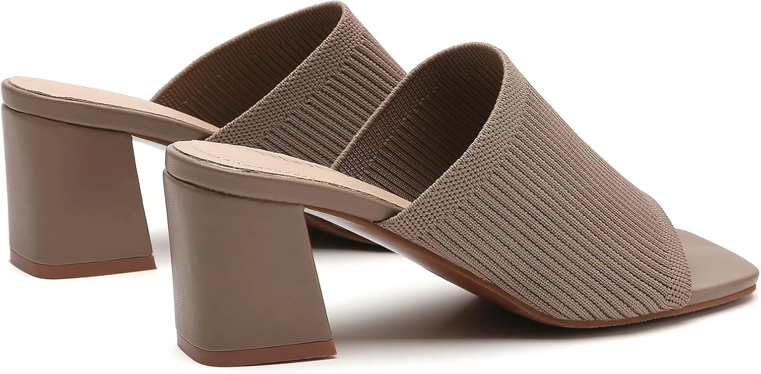 Tilocow Knit Heeled Sandals for Women Square Chunky Low Block Heel Mules Open Toe Slip On Breathable Slides Sandal Black