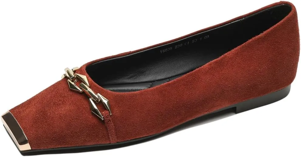 TinaCus Soft Suede Leather Handmade Metal Chain Stylish Cap Toe Women's Slip On Flat Shoes