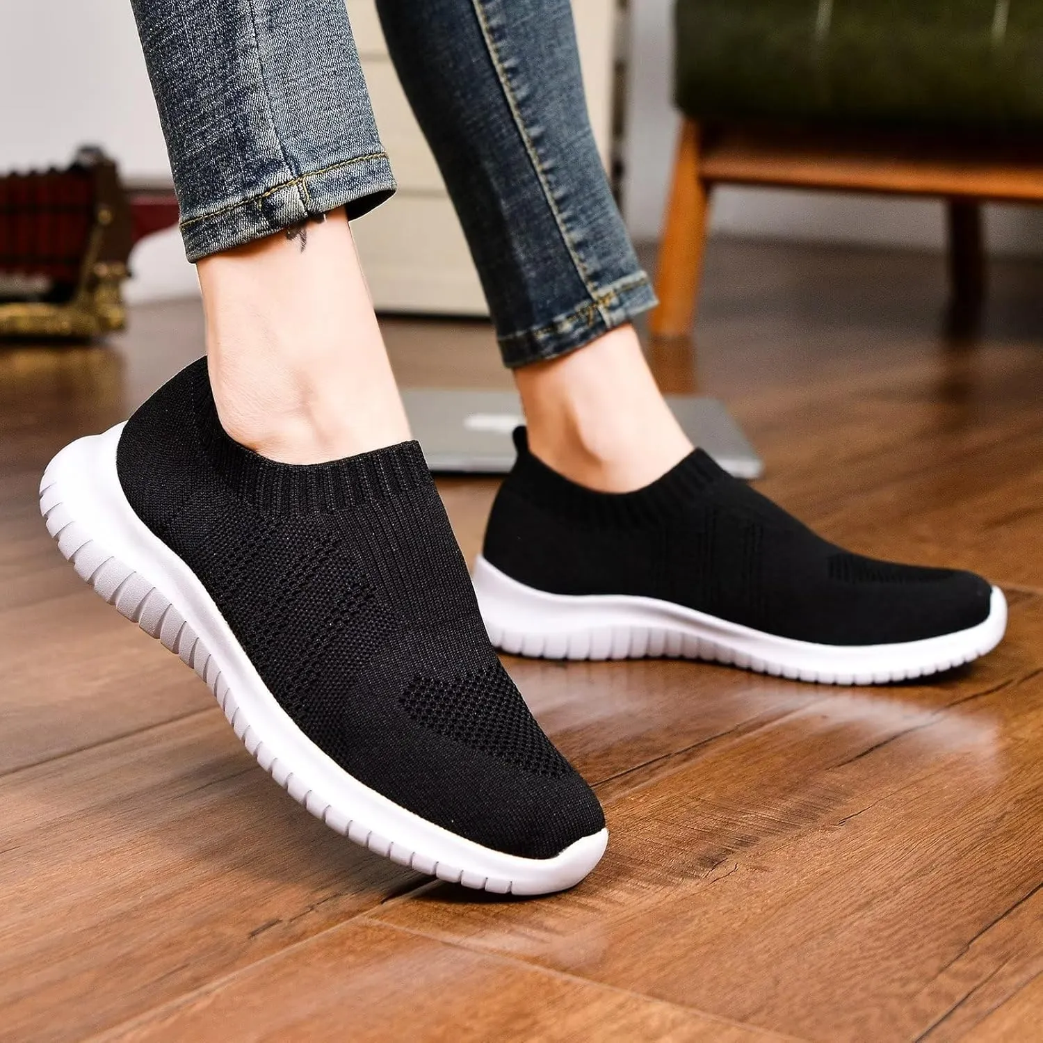 TIOSEBON Women's Walking Sock Shoes Elastic Knit Lightweight Slip on Breathable Yoga Sneakers