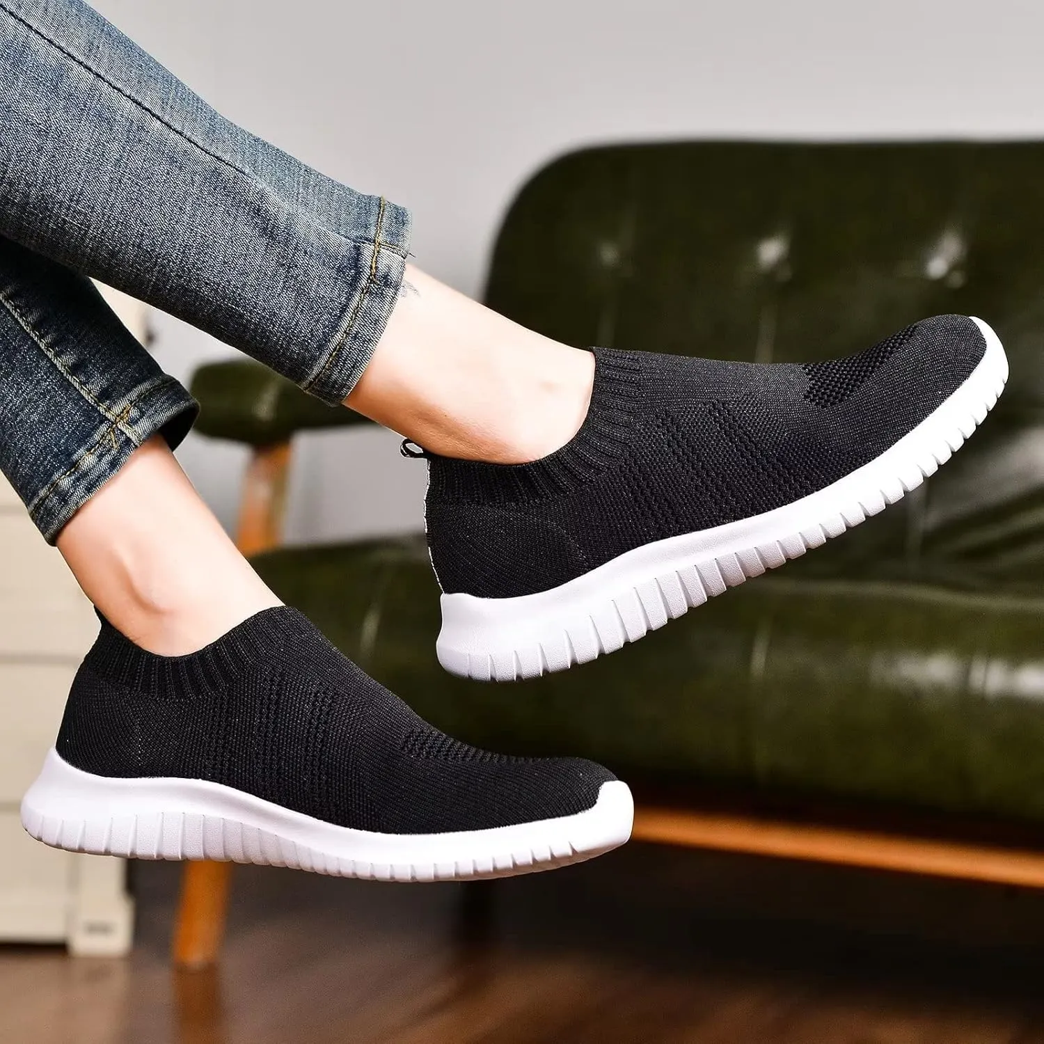 TIOSEBON Women's Walking Sock Shoes Elastic Knit Lightweight Slip on Breathable Yoga Sneakers