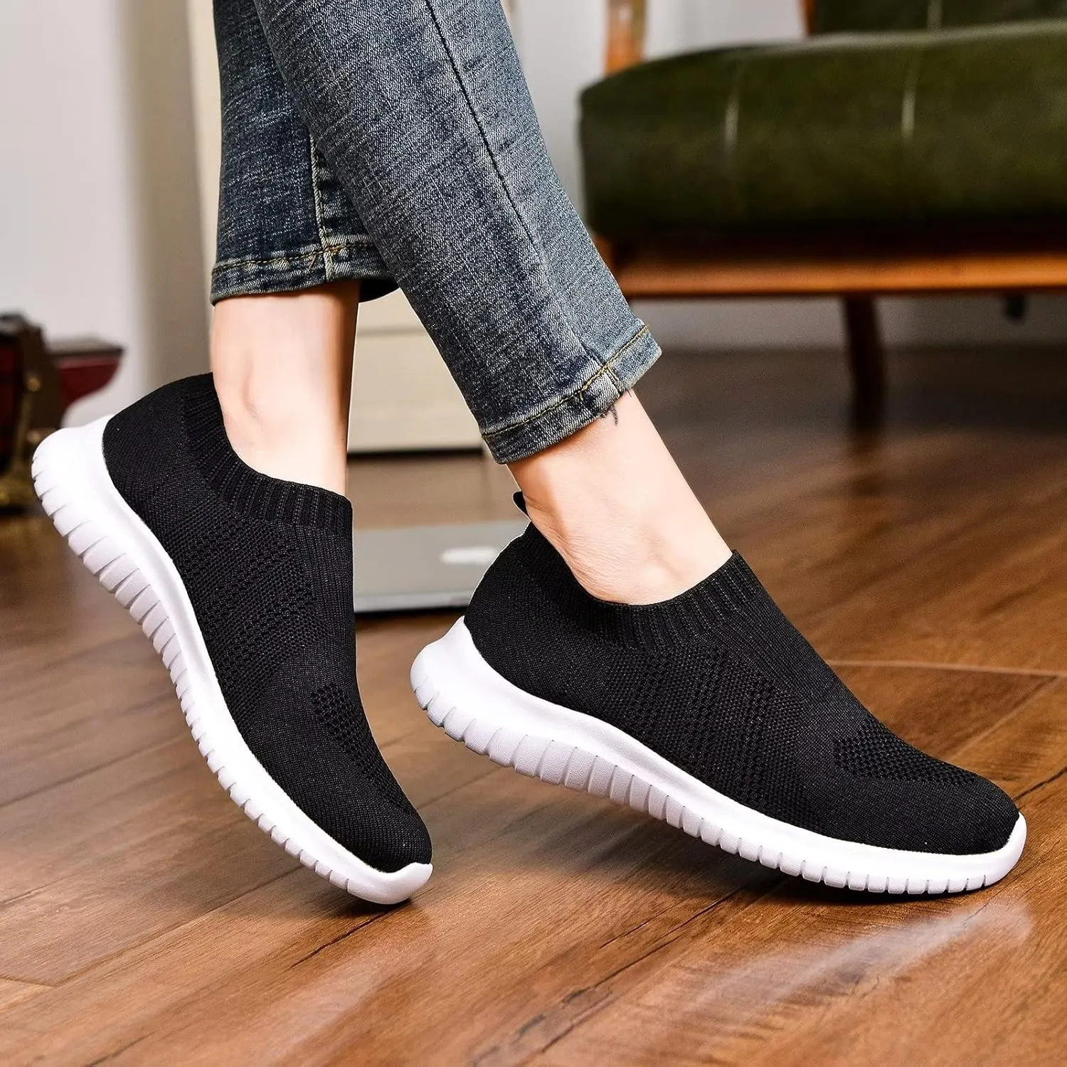 TIOSEBON Women's Walking Sock Shoes Elastic Knit Lightweight Slip on Breathable Yoga Sneakers