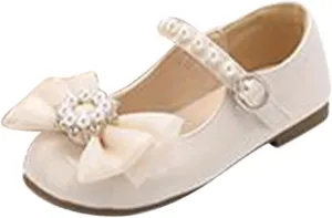 Toddler Girls Dress Ballet Shoes with Pearls Bow Strap Mary Jane Flats Flower Girl Shoes for Wedding Party Dance