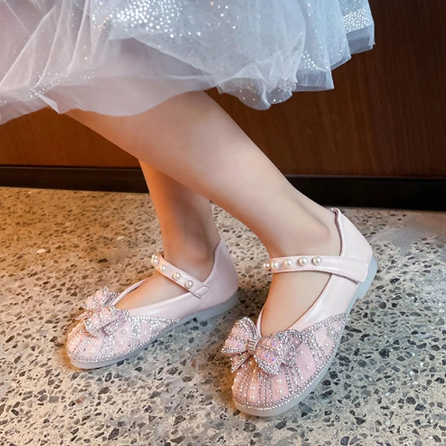 Toddler Girls Glitter Dress Shoes 𝗥hinestones Bowknot Mary Jane Low Heels Wedding Toddler Slippers Size 5 Girl