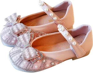 Toddler Girls Glitter Dress Shoes 𝗥hinestones Bowknot Mary Jane Low Heels Wedding Toddler Slippers Size 5 Girl