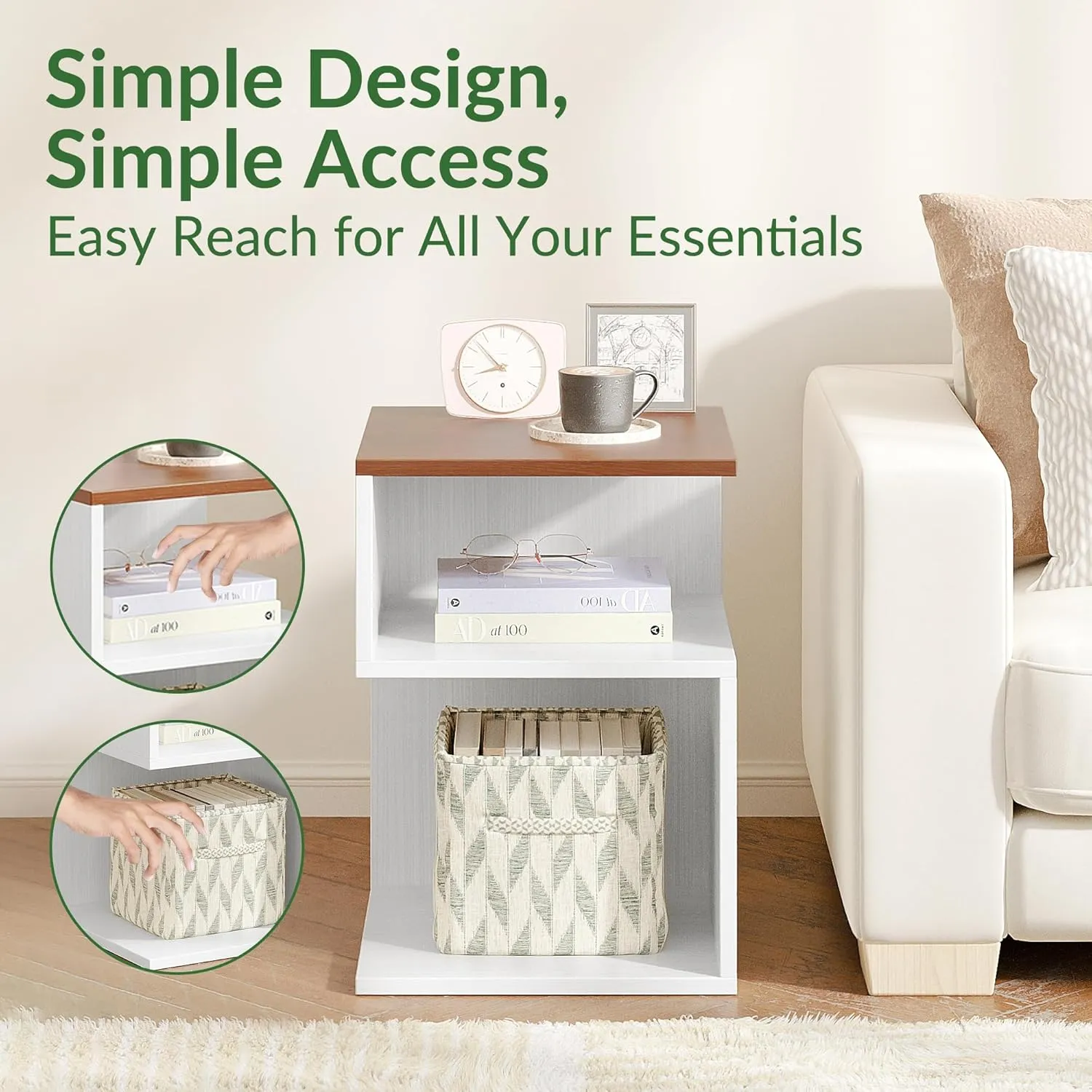 Tokyo S Minimalist 3 Tier End Table - Japanese-Inspired Bedside Table for Bedroom, Minimalist 3 Tier Wood Nightstand for Small Spaces with Open Storage