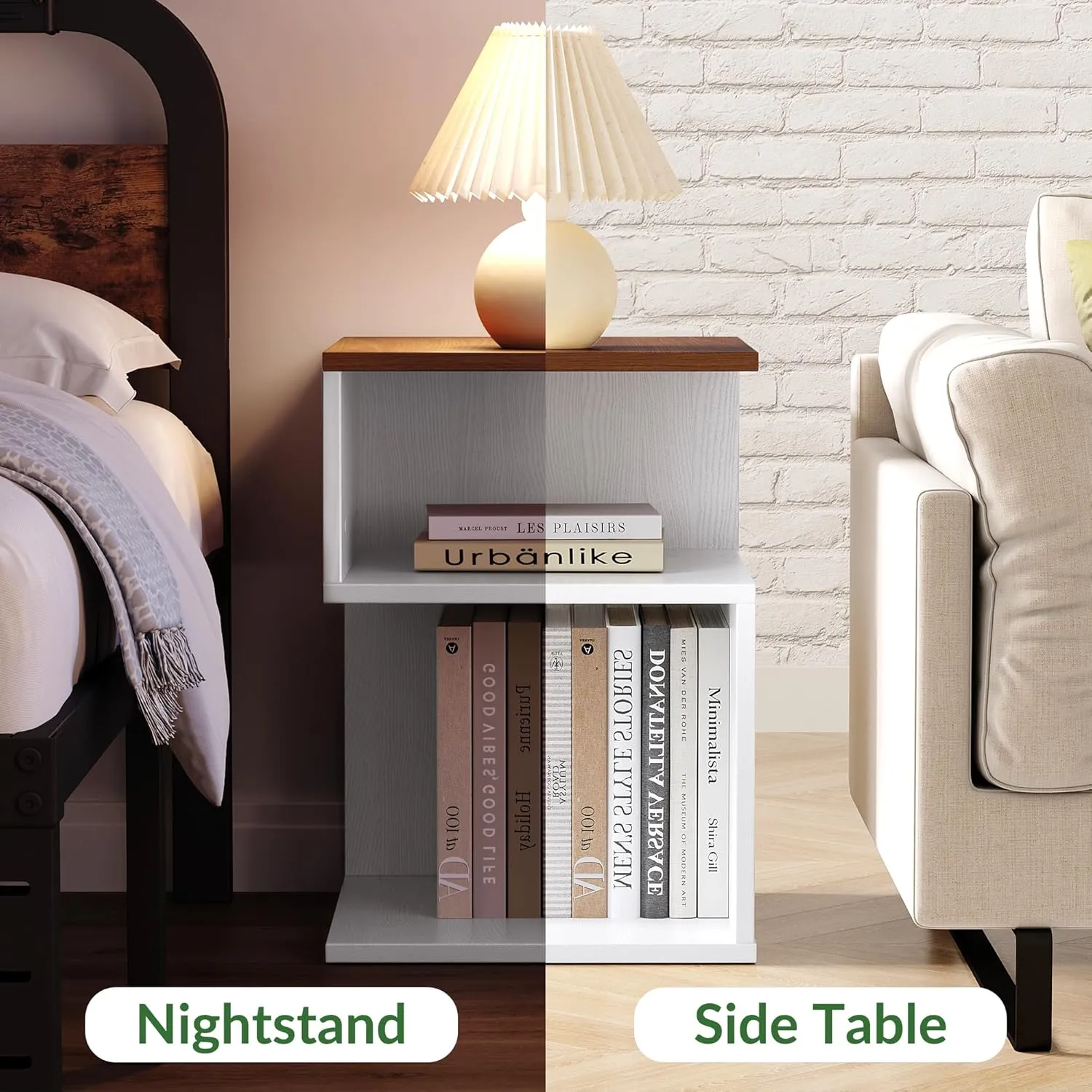 Tokyo S Minimalist 3 Tier End Table - Japanese-Inspired Bedside Table for Bedroom, Minimalist 3 Tier Wood Nightstand for Small Spaces with Open Storage