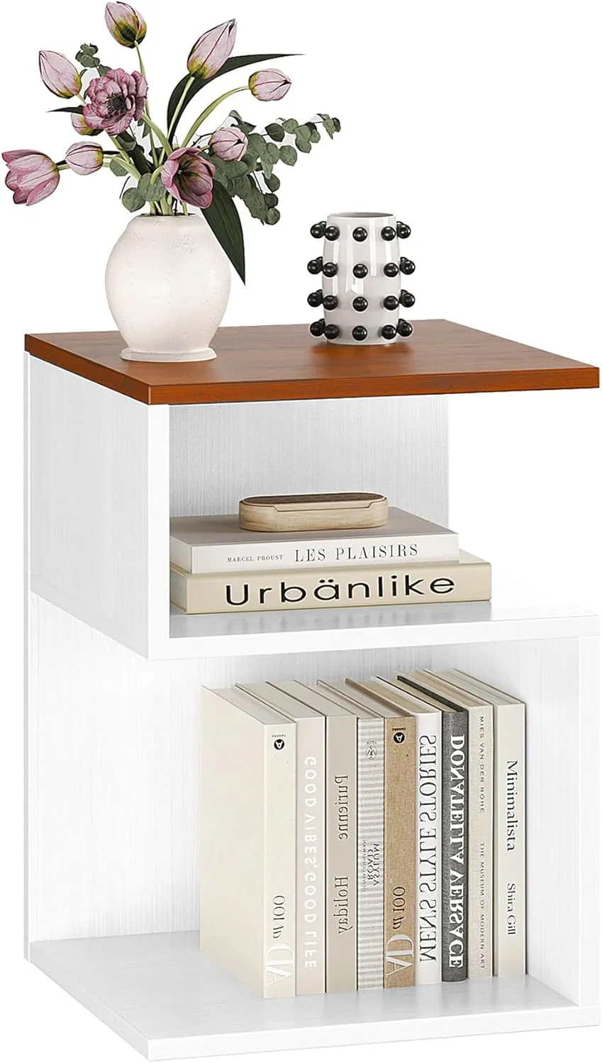 Tokyo S Minimalist 3 Tier End Table - Japanese-Inspired Bedside Table for Bedroom, Minimalist 3 Tier Wood Nightstand for Small Spaces with Open Storage