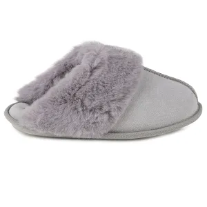 Totes Isotoner REAL SUEDE WITH FUR CUFF Womens Mule Slippers Grey