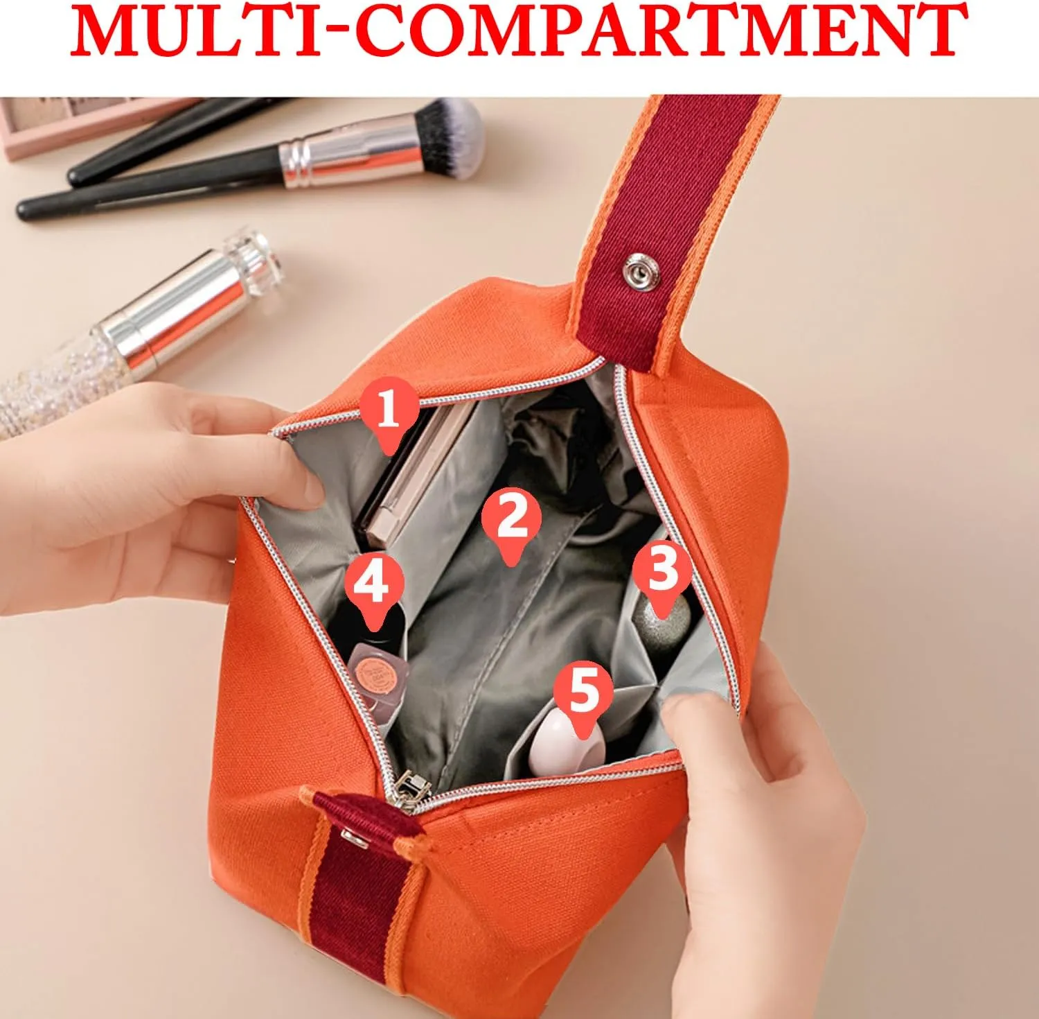 Travel Makeup Bag, Waterproof Canvas Cosmetic Bag Make Up Organizer Case for Women, Large Toiletry Bag Skincare Pouch for Toiletries Accessories Brushes