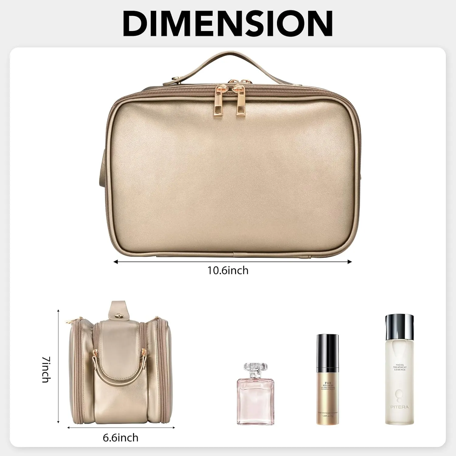 Travel Makeup Bag Women's Large Capacity Cosmetic Portable Organizer Large Opening Waterproof Storage Toiletry Bags Vertical Free-Standing Brush Holder for Easy Access Copper