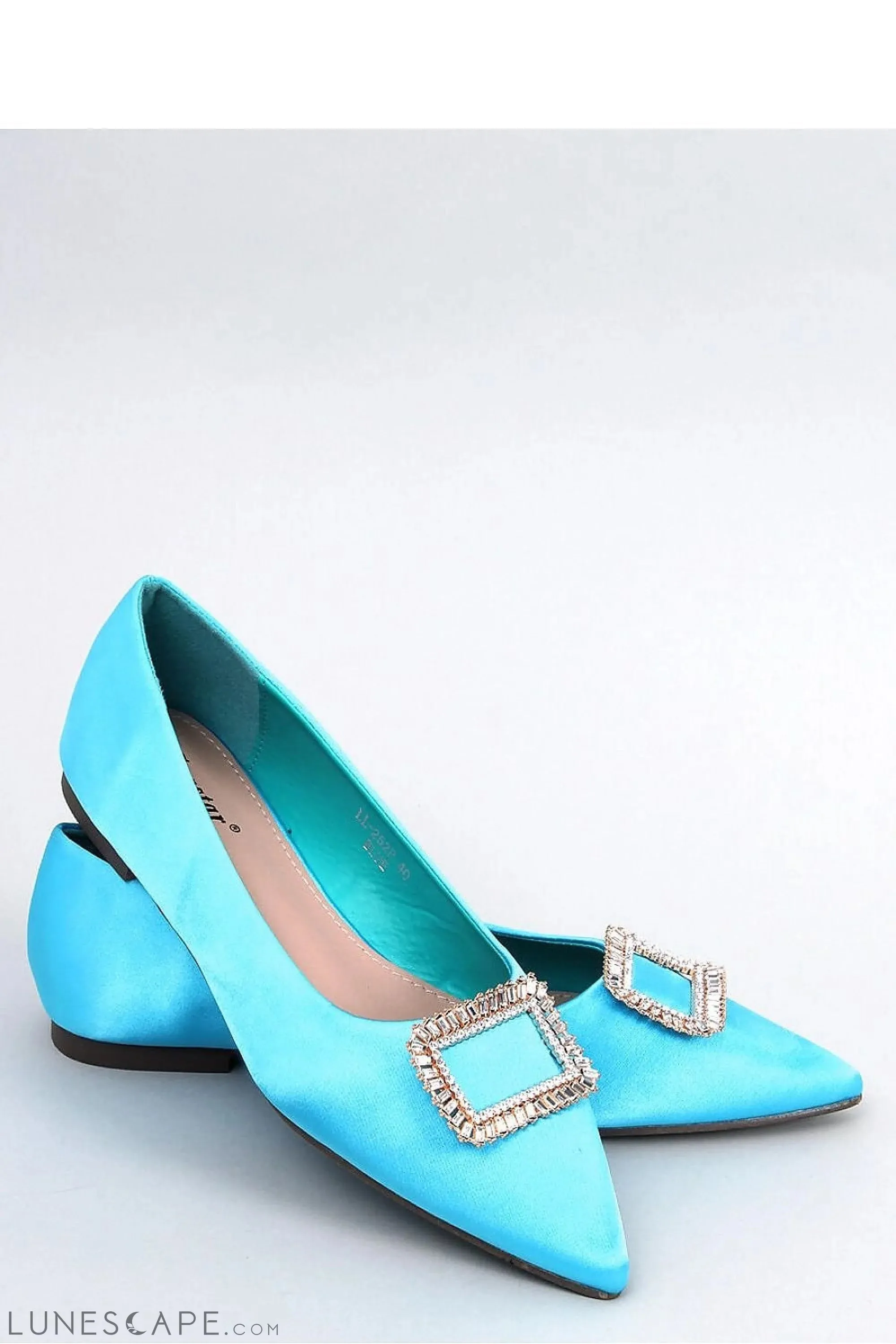 Turquoise Pointed-Toe Satin Ballet Flats with Crystal Buckle