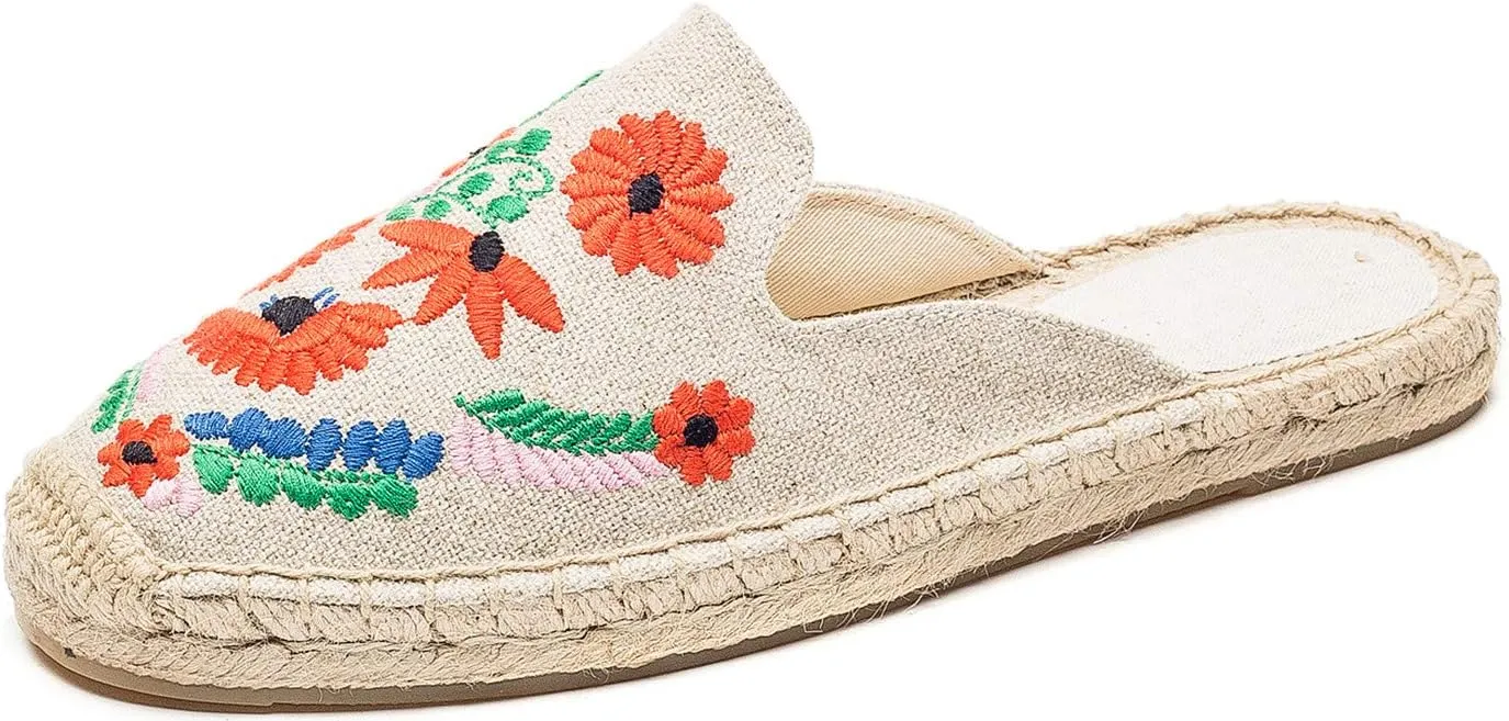 U-lite Women's Stylish Embroidery Flat Espadrilles Fancy Mule