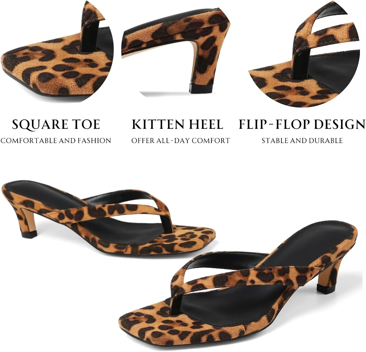 Uacllcau Kitten Heels Sandals for Women Square Open Toe Flip Flops Strappy Heels for Women Sandals Slides