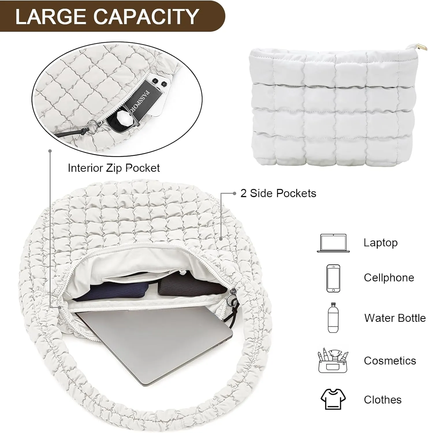 UKAYCCI Women Large Quilted Tote Bag Lightweight Quilted Carryall GYM Bag Soft Puffy Crossbody Bag Hobo Handbags Wallet