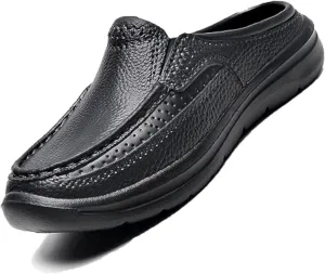 URLECHS Men's Leather Mules Clogs Slippers Breathable Punching Comfortable Slip On Loafers Outdoor Casual Non-Slip Driving Shoes