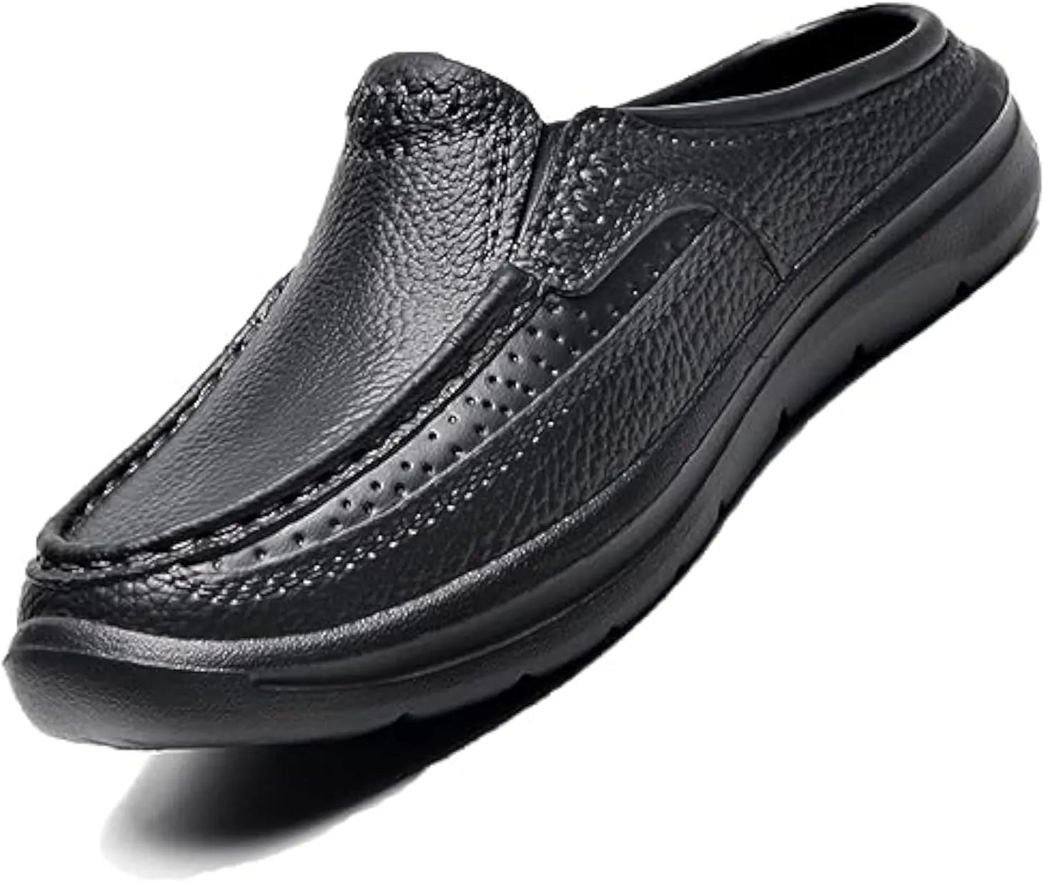 URLECHS Men's Leather Mules Clogs Slippers Breathable Punching Comfortable Slip On Loafers Outdoor Casual Non-Slip Driving Shoes