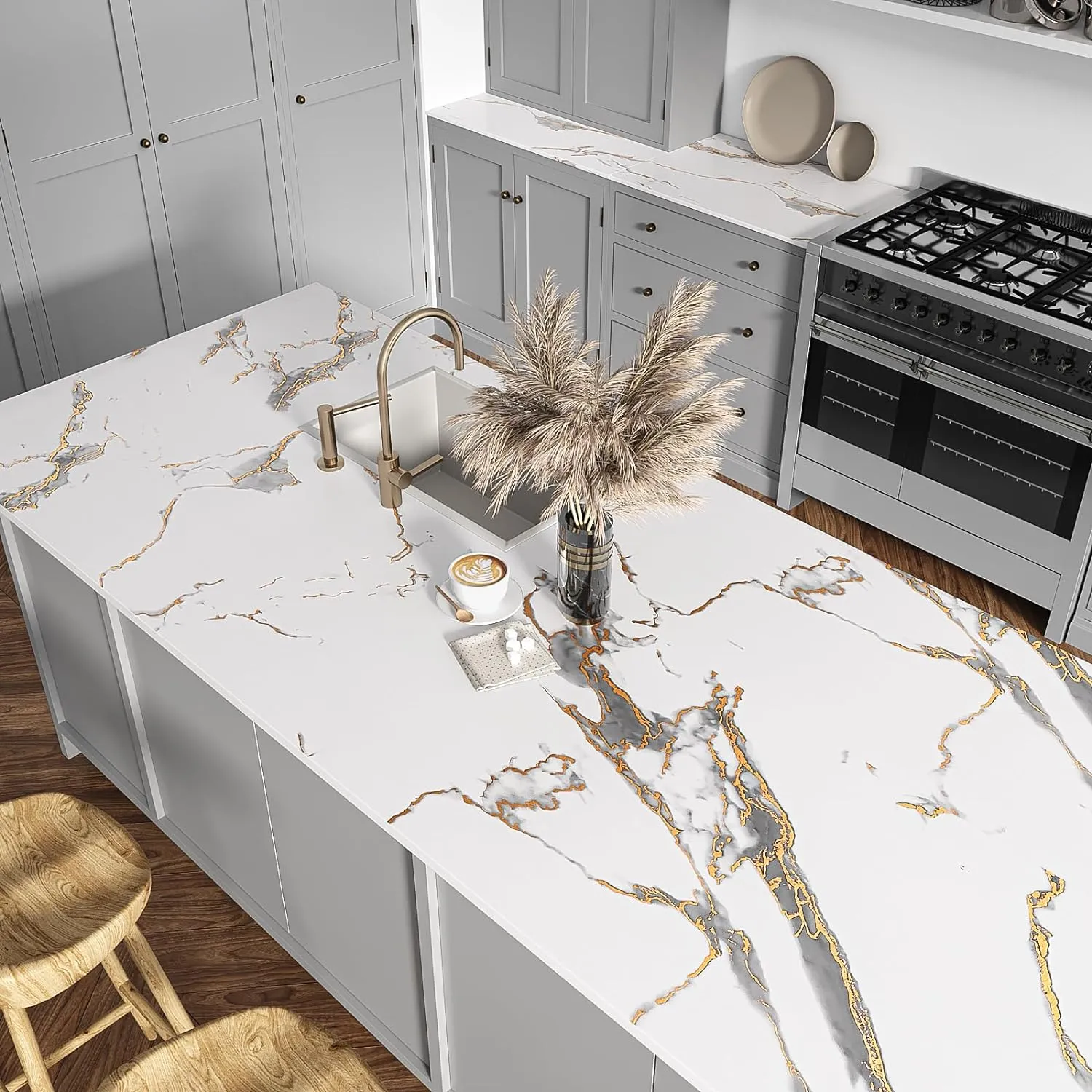 VEELIKE 15.7''x118'' Luxurious White Gold Marble Contact Paper for Countertops Waterproof Peel and Stick Matte Marble Wallpaper Granite Paper for Kitchen Countertop Vinyl for Bathroom Walls Table