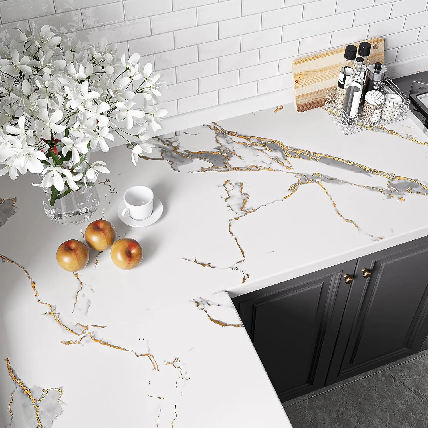 VEELIKE 15.7''x118'' Luxurious White Gold Marble Contact Paper for Countertops Waterproof Peel and Stick Matte Marble Wallpaper Granite Paper for Kitchen Countertop Vinyl for Bathroom Walls Table
