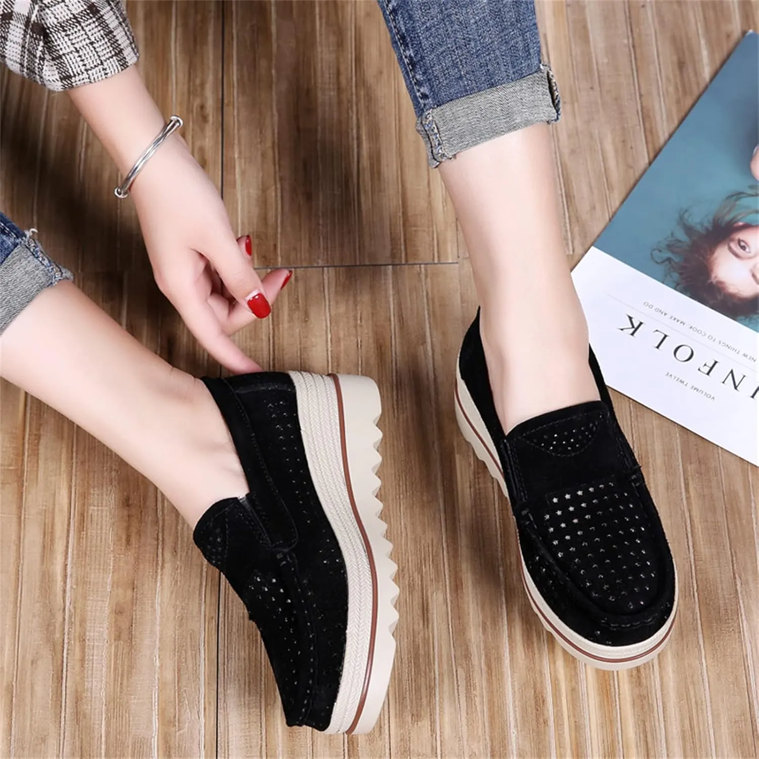 Veroders Women's Suede Wedge Loafers Slip-On Comfortable Penny Loafers Thick Soft Platform Shoes Business Work Walking