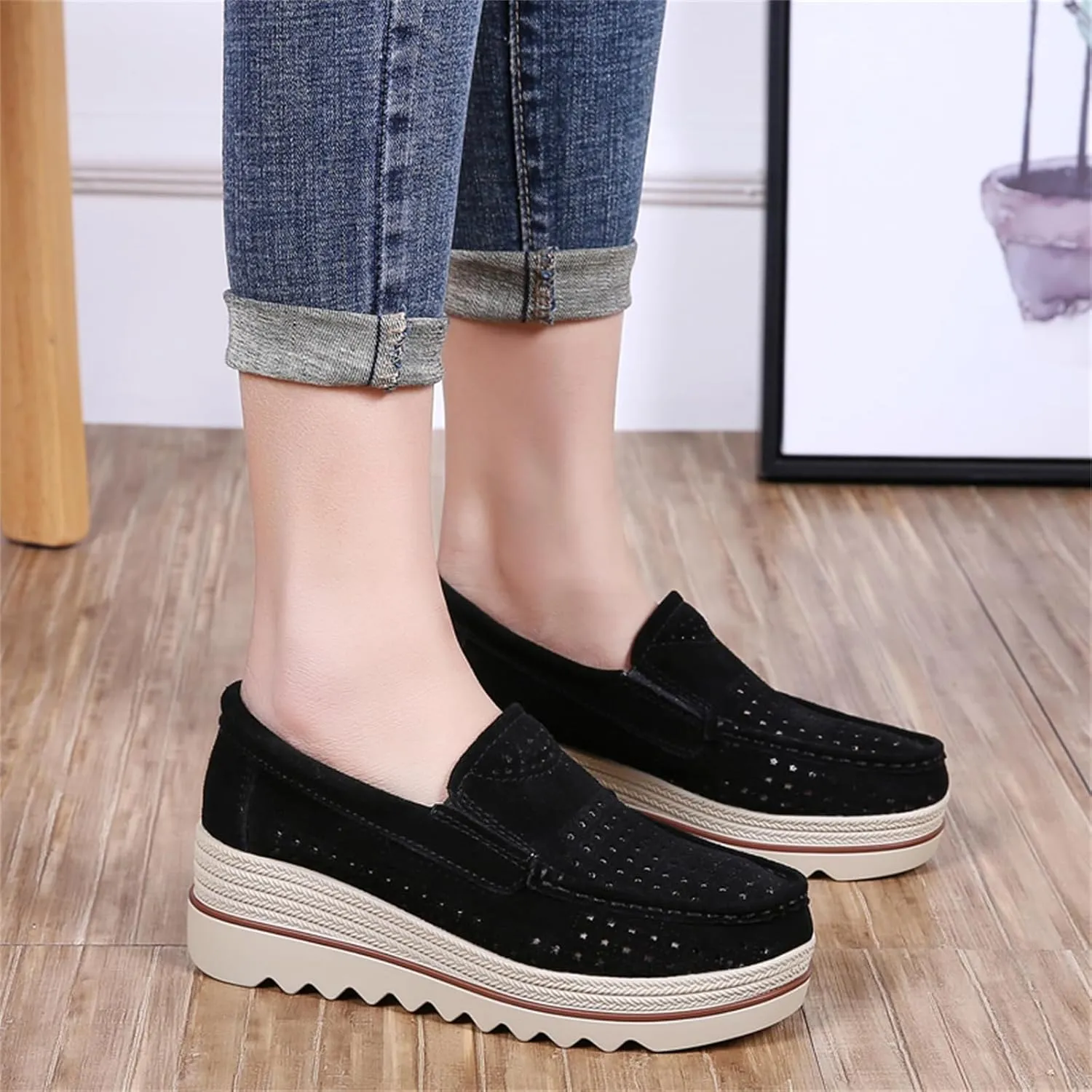 Veroders Women's Suede Wedge Loafers Slip-On Comfortable Penny Loafers Thick Soft Platform Shoes Business Work Walking
