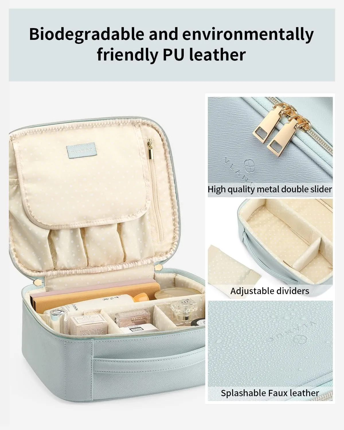 Vlando Travel Makeup Bag Faux Leather Large Make Up Bag Makeup Organzier Bag for Women with Adjustable Dividers for Makeup Brushes Travel Accessories (Blue)