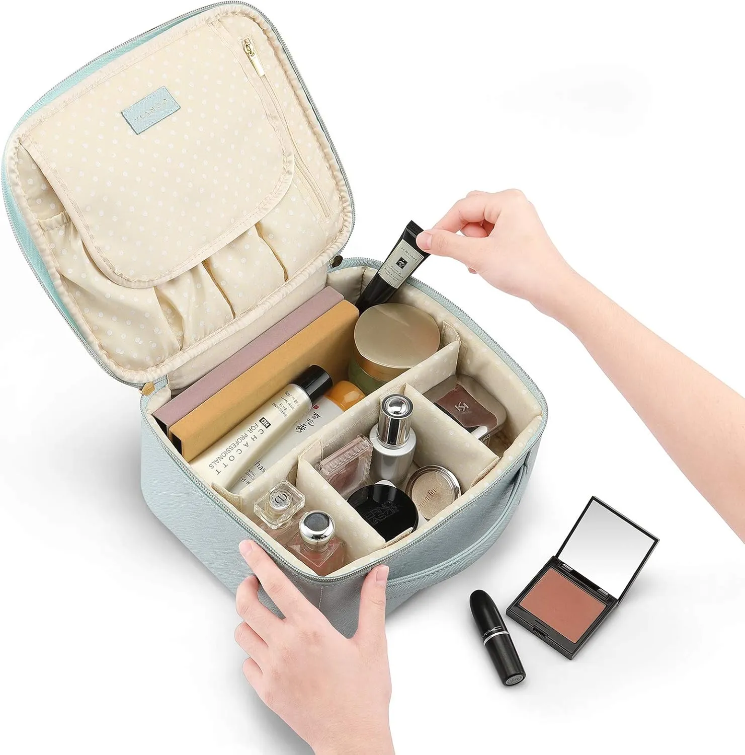 Vlando Travel Makeup Bag Faux Leather Large Make Up Bag Makeup Organzier Bag for Women with Adjustable Dividers for Makeup Brushes Travel Accessories (Blue)