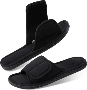 WALKFUN Men's Open Toe Slippers Adjustable Slip-on Memory Foam Indoor Slippers for Men Non Slip Outsole