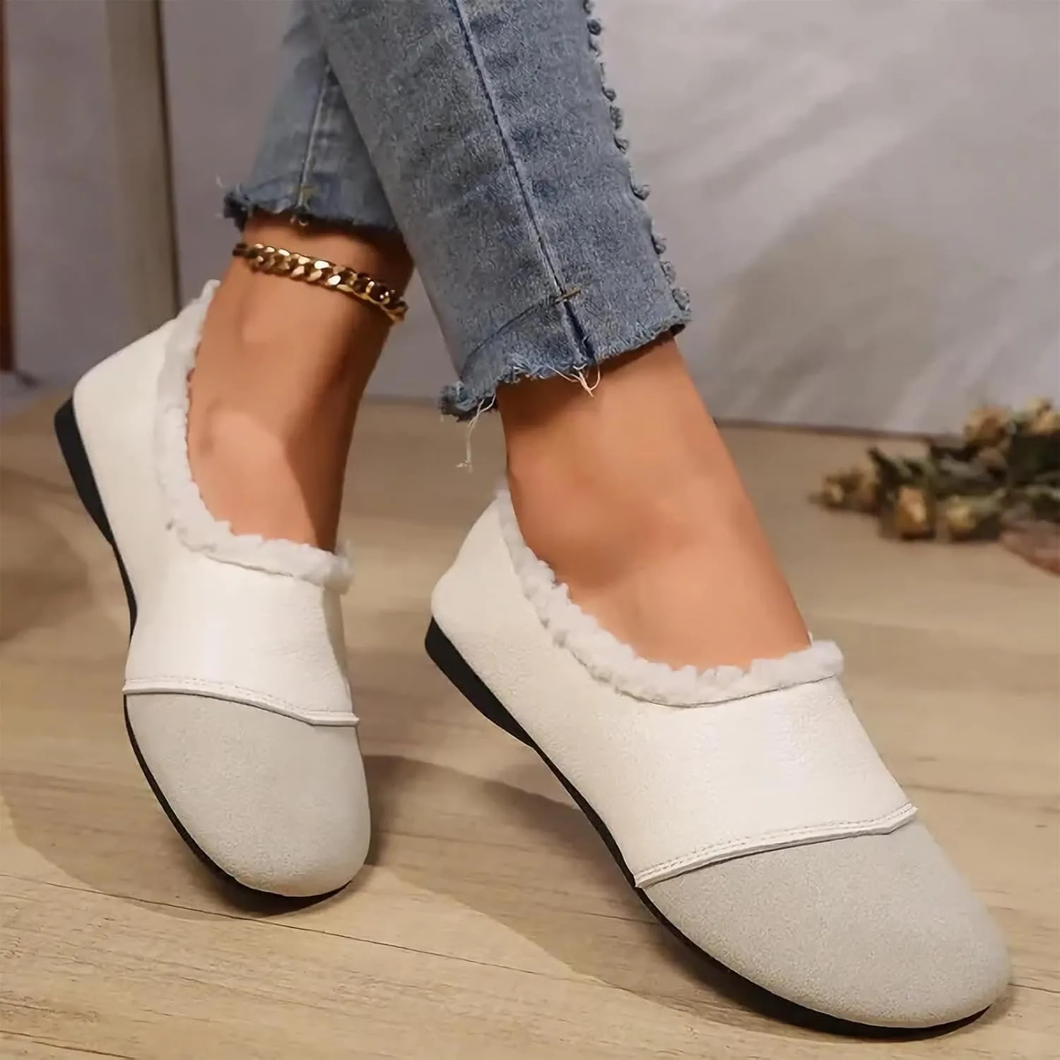 Warm Winter Leather Shoes for Women Shoes with Fuzzy Inside Women Suede Comfortable Slip On Shoes Winter Shoes Women