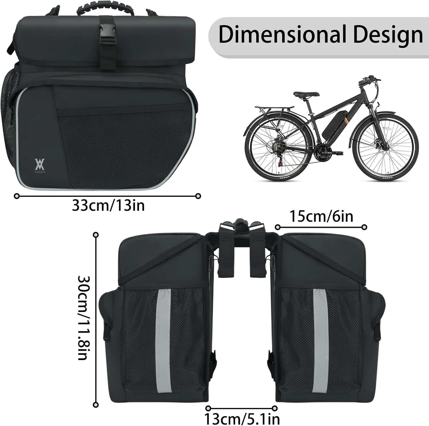 Waterproof Double Panniers Bag - 36L Saddle Bags for Rear Rack Bicycles with Safety Reflective Strips, Bicycle Commuting Pannier Fit Most Bicycle Rack with Rain Cover (With Rain Cover, Black, 36L)