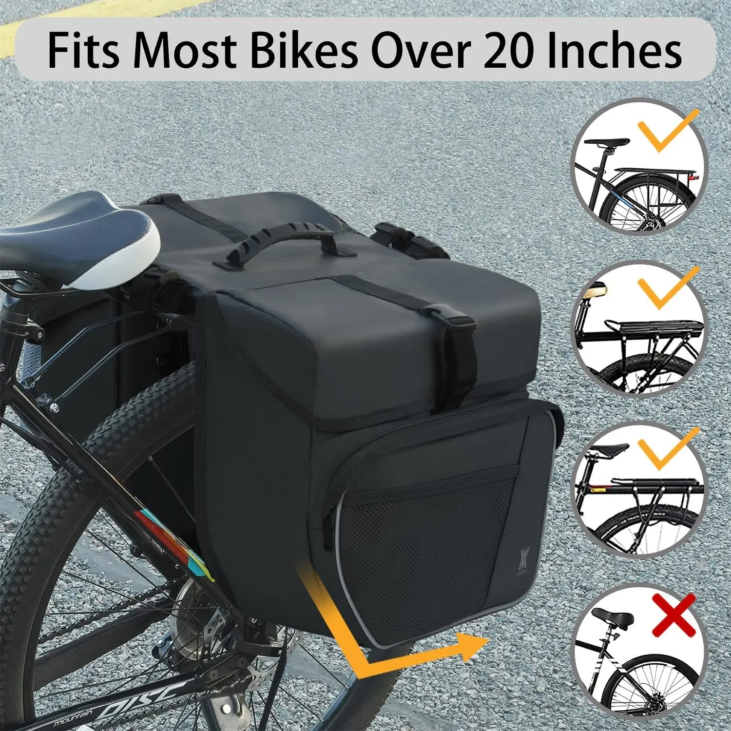 Waterproof Double Panniers Bag - 36L Saddle Bags for Rear Rack Bicycles with Safety Reflective Strips, Bicycle Commuting Pannier Fit Most Bicycle Rack with Rain Cover (With Rain Cover, Black, 36L)