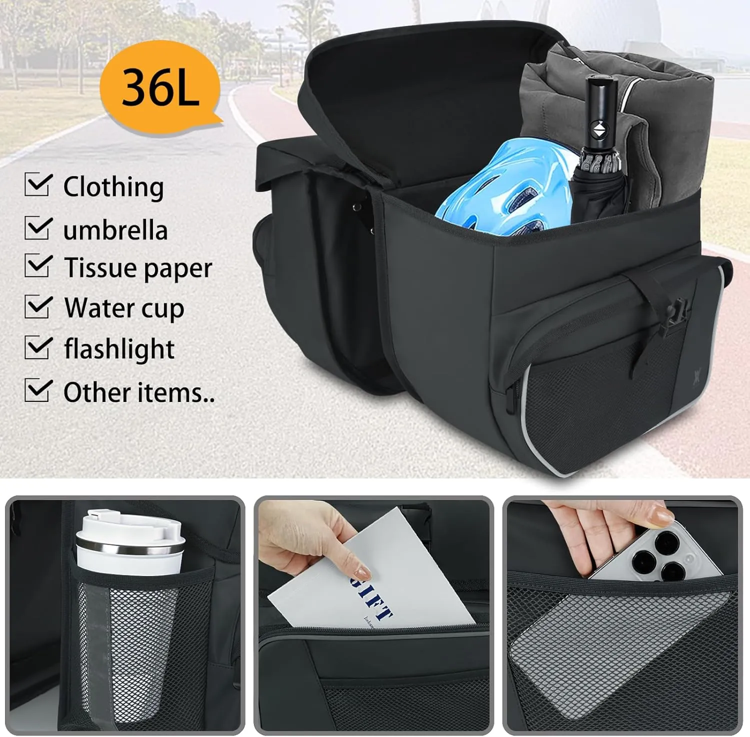 Waterproof Double Panniers Bag - 36L Saddle Bags for Rear Rack Bicycles with Safety Reflective Strips, Bicycle Commuting Pannier Fit Most Bicycle Rack with Rain Cover (With Rain Cover, Black, 36L)