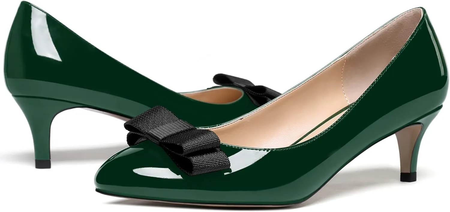 WAYDERNS Women's Bow Solid Patent Slip On Cute Round Toe Dating Kitten Mid Heel Pumps Shoes 2.5 Inch