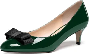 WAYDERNS Women's Bow Solid Patent Slip On Cute Round Toe Dating Kitten Mid Heel Pumps Shoes 2.5 Inch