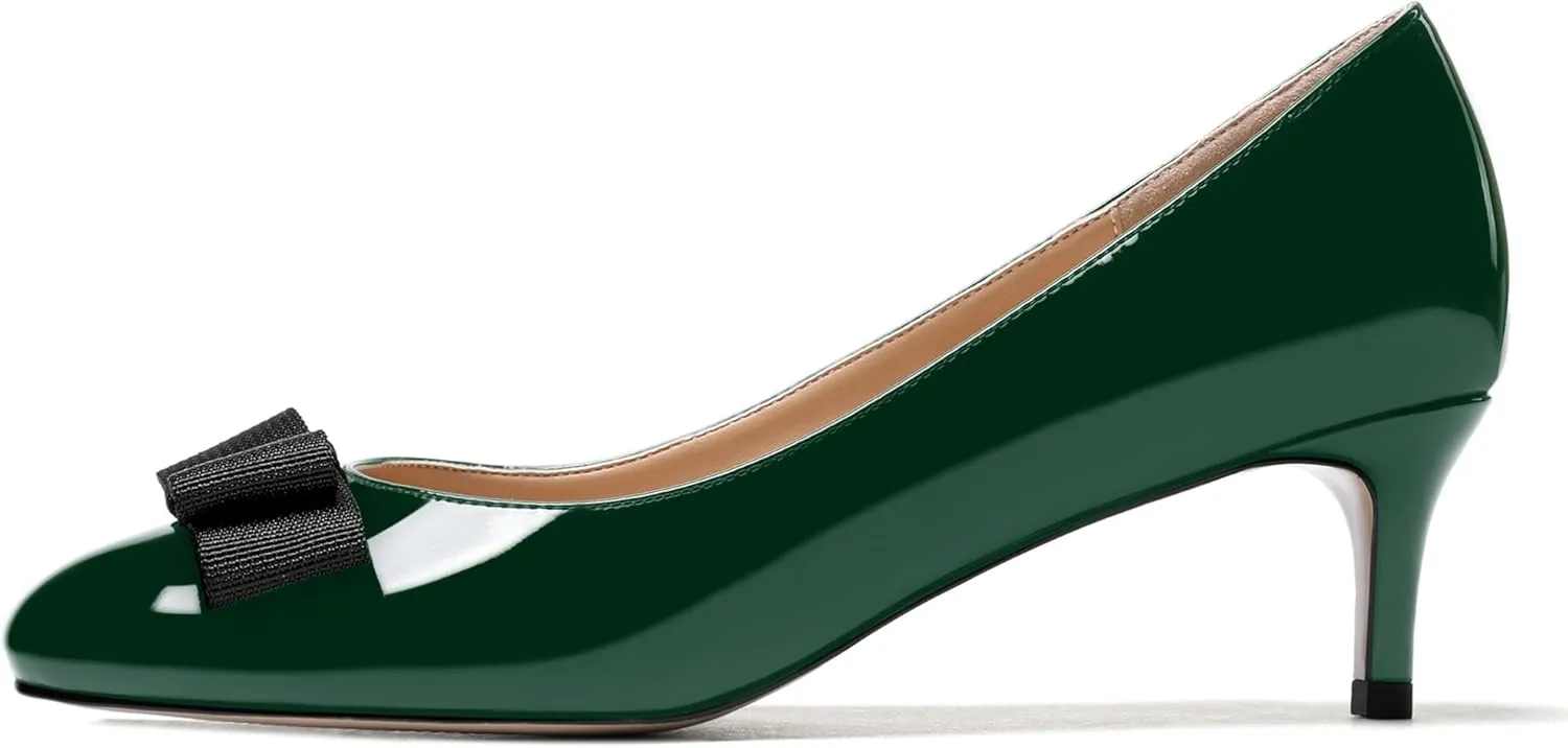 WAYDERNS Women's Bow Solid Patent Slip On Cute Round Toe Dating Kitten Mid Heel Pumps Shoes 2.5 Inch