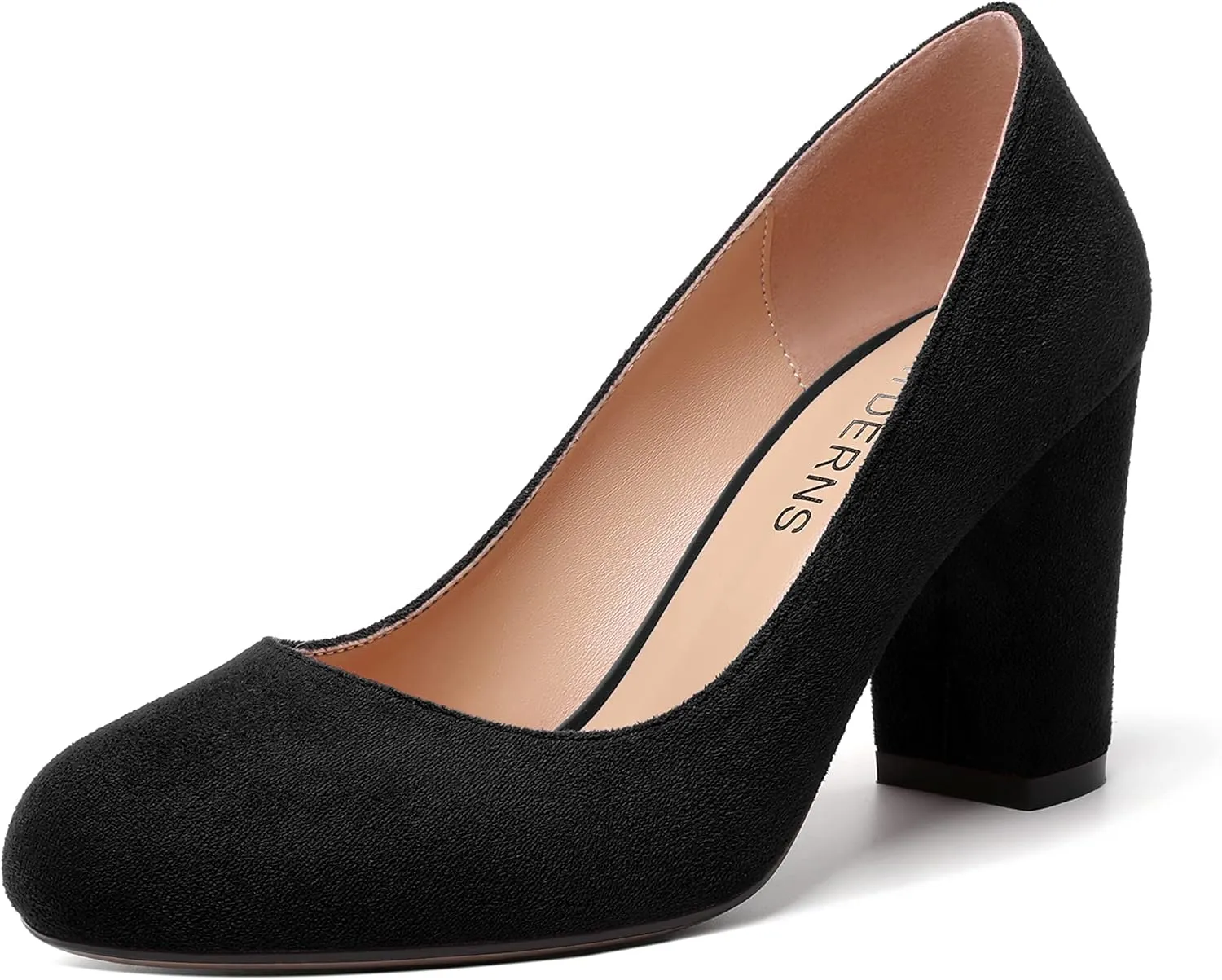 WAYDERNS Womens Suede Round Toe Office Solid Slip On Fashion Block High Heel Pumps Shoes 3.3 Inch