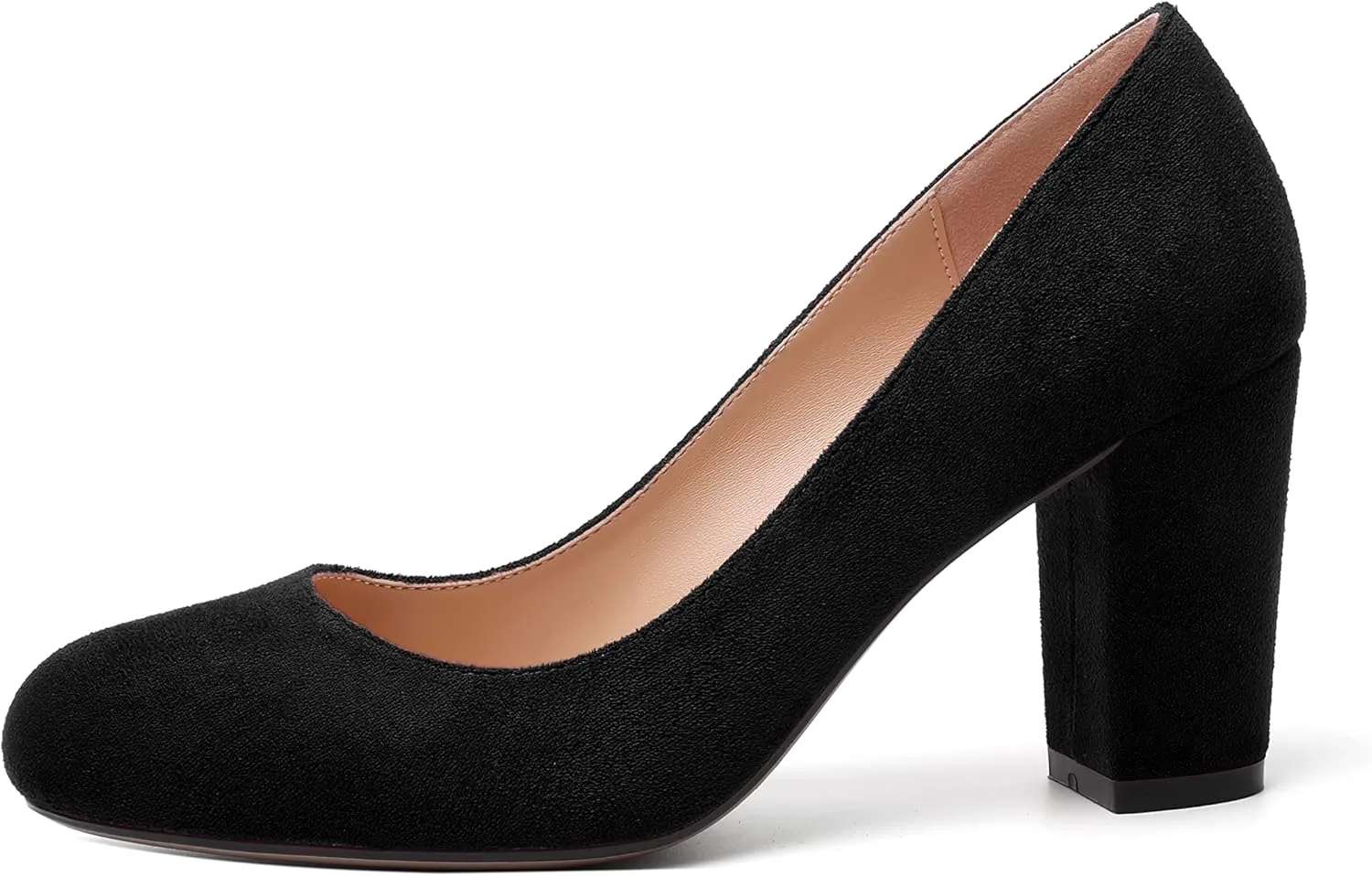 WAYDERNS Womens Suede Round Toe Office Solid Slip On Fashion Block High Heel Pumps Shoes 3.3 Inch