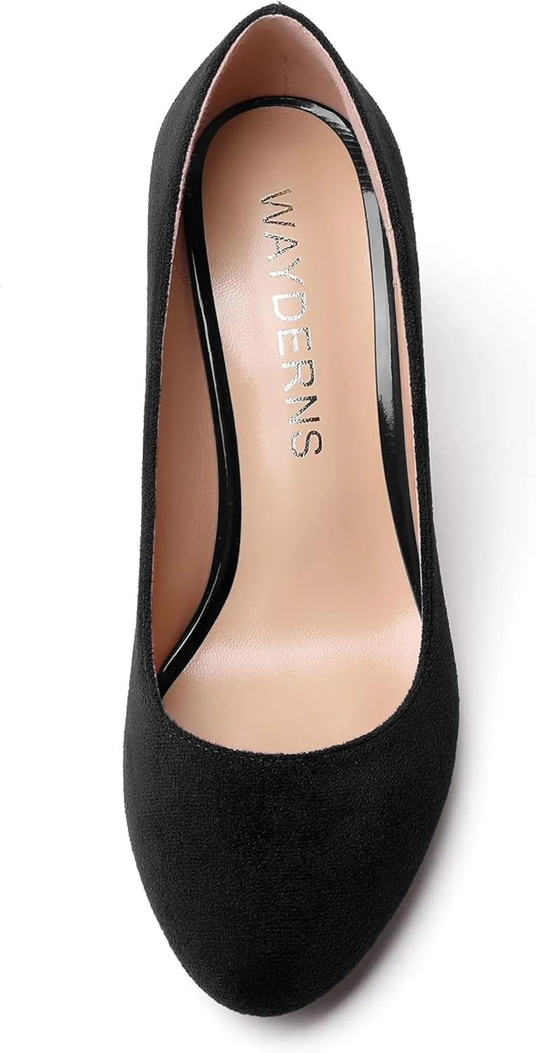 WAYDERNS Womens Suede Round Toe Office Solid Slip On Fashion Block High Heel Pumps Shoes 3.3 Inch