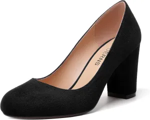 WAYDERNS Womens Suede Round Toe Office Solid Slip On Fashion Block High Heel Pumps Shoes 3.3 Inch