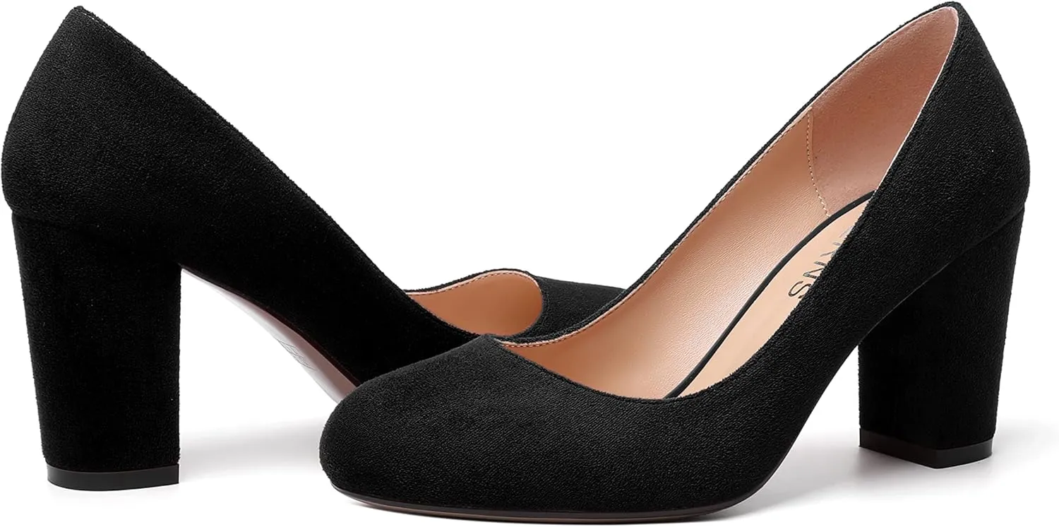 WAYDERNS Womens Suede Round Toe Office Solid Slip On Fashion Block High Heel Pumps Shoes 3.3 Inch