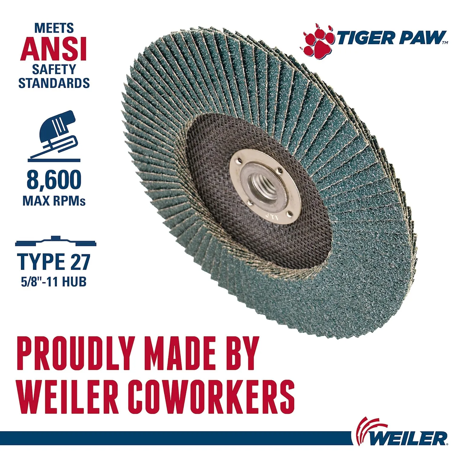 Weiler 51140 7" Tiger Paw Abrasive Flap Disc, Flat (Ty27), Phenolic Backing, 40Z, 5/8"-11 UNC Nut (Pack of 10)