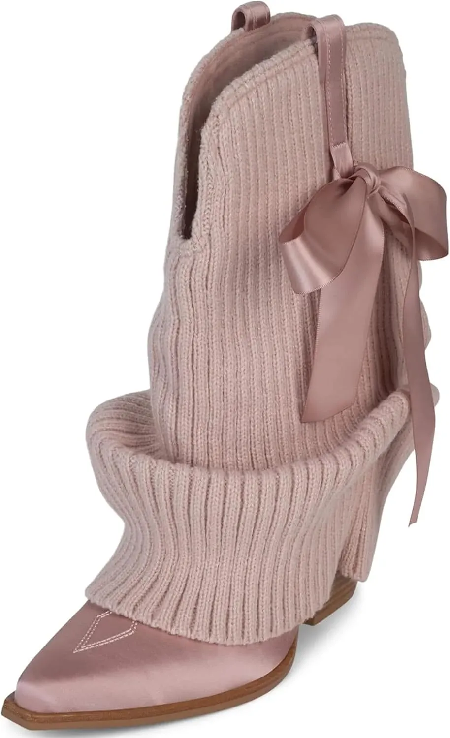 Western Ankle Boots For Women Knitted Fold Over Cowgirl Booties Pointed Toe Cowboy Booties Pull On Chunky Heel Boot Country Concert Trendy Heeled Shoes