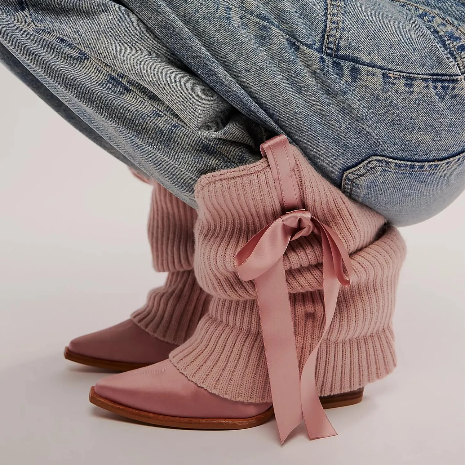Western Ankle Boots For Women Knitted Fold Over Cowgirl Booties Pointed Toe Cowboy Booties Pull On Chunky Heel Boot Country Concert Trendy Heeled Shoes