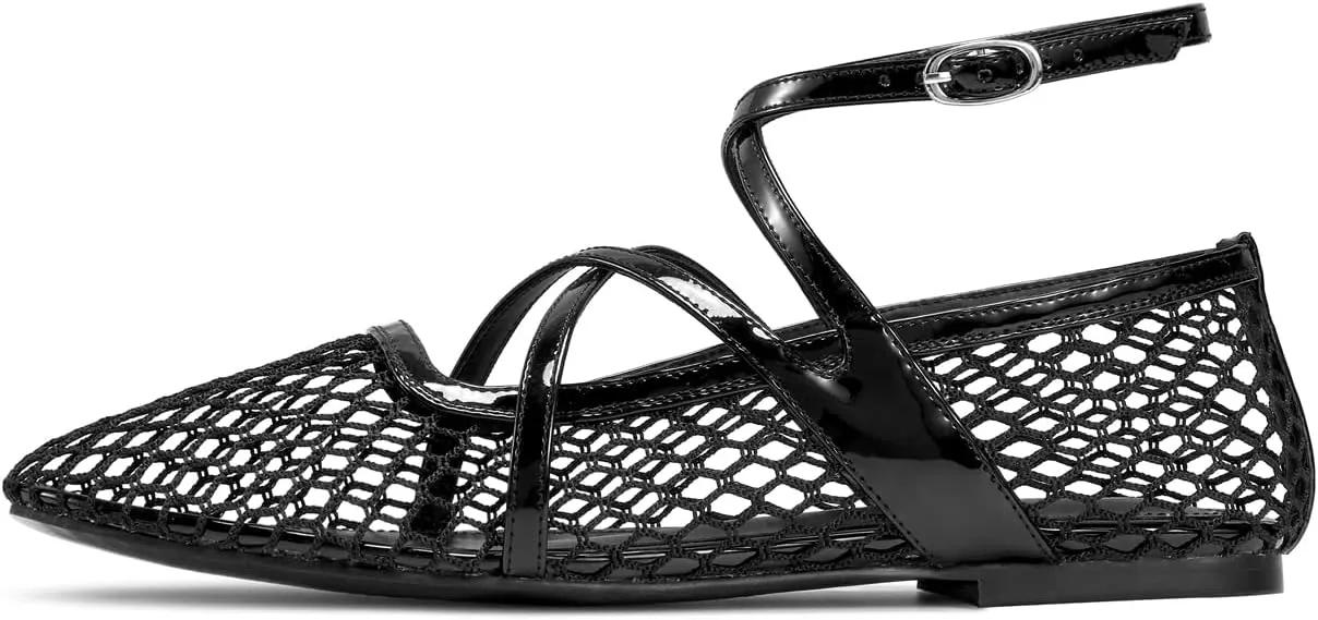 wetkiss Mesh Ballet Flats for Women Round Toe Ballerina Flats Shoes Comfortable Adjustable Ankle Strap Fishnet Mary Jane Flats