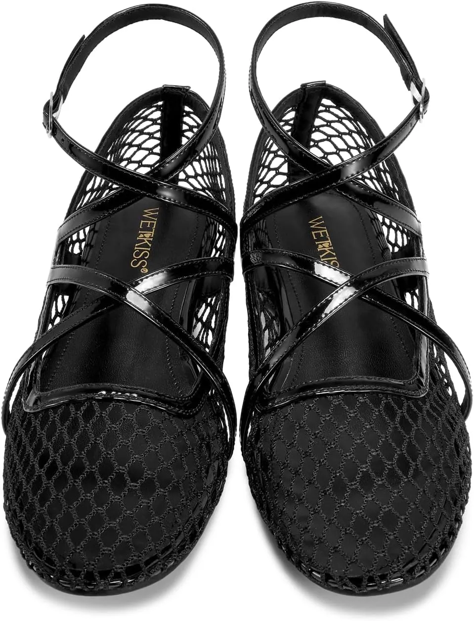 wetkiss Mesh Ballet Flats for Women Round Toe Ballerina Flats Shoes Comfortable Adjustable Ankle Strap Fishnet Mary Jane Flats