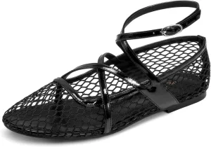 wetkiss Mesh Ballet Flats for Women Round Toe Ballerina Flats Shoes Comfortable Adjustable Ankle Strap Fishnet Mary Jane Flats