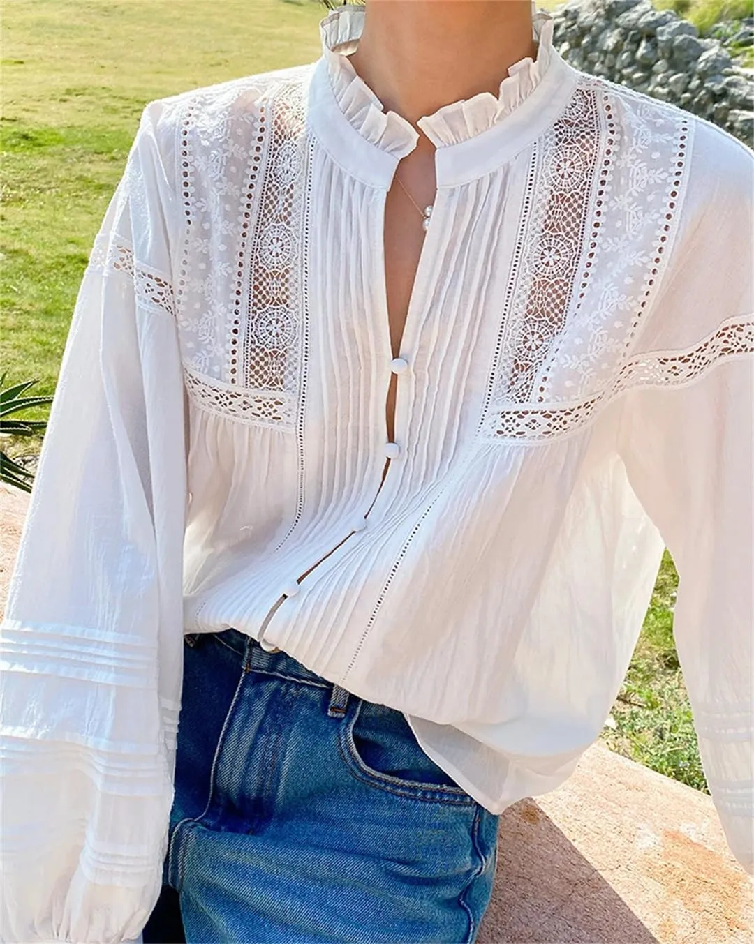 Women Bohemian Embroidery Lace Blouses Vintage Cotton White Long Sleeve Loose Shirt