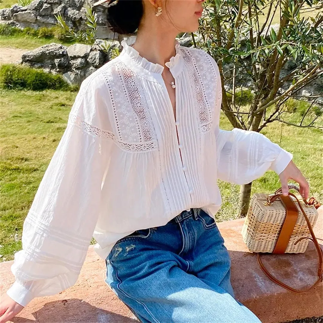 Women Bohemian Embroidery Lace Blouses Vintage Cotton White Long Sleeve Loose Shirt