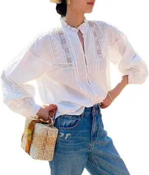 Women Bohemian Embroidery Lace Blouses Vintage Cotton White Long Sleeve Loose Shirt